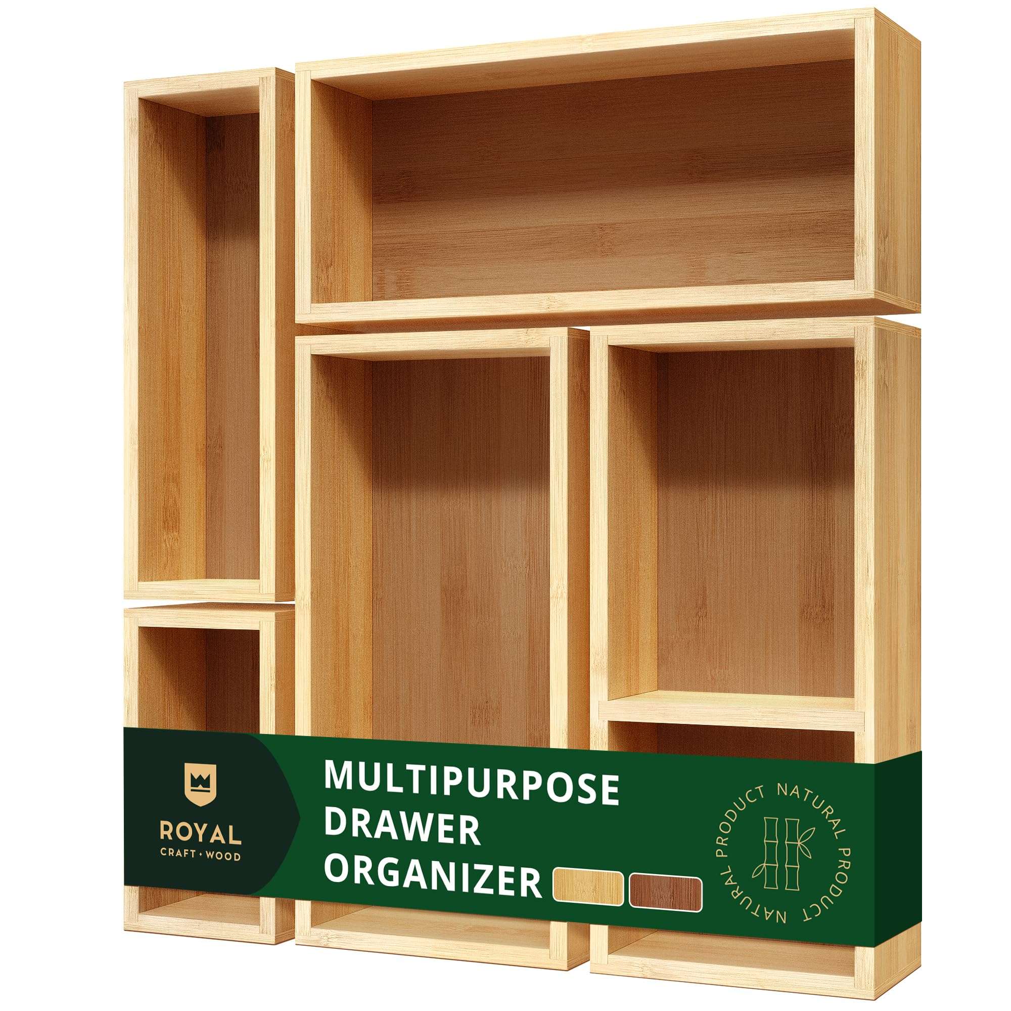 ROYAL CRAFT WOOD 5-Piece Bamboo Drawer Organizer Set – Multi-Use Storage Trays for Kitchen, Bathroom, Office, Makeup, Jewelry & More – Junk Drawer Tray, Utensil Holder, Storage Box & Bin Set (5 Boxes) - Image 1
