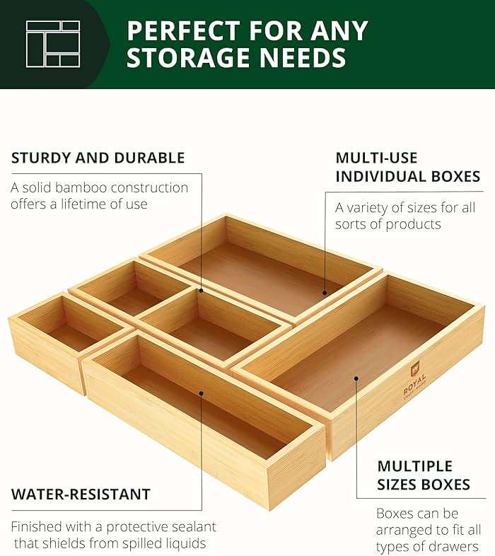 ROYAL CRAFT WOOD 5-Piece Bamboo Drawer Organizer Set – Multi-Use Storage Trays for Kitchen, Bathroom, Office, Makeup, Jewelry & More – Junk Drawer Tray, Utensil Holder, Storage Box & Bin Set (5 Boxes) - Image 4