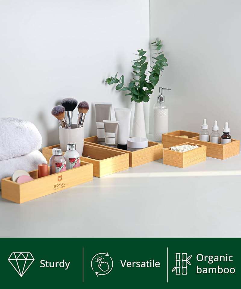 ROYAL CRAFT WOOD 5-Piece Bamboo Drawer Organizer Set – Multi-Use Storage Trays for Kitchen, Bathroom, Office, Makeup, Jewelry & More – Junk Drawer Tray, Utensil Holder, Storage Box & Bin Set (5 Boxes) - Image 5