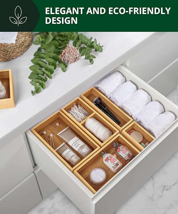 ROYAL CRAFT WOOD 5-Piece Bamboo Drawer Organizer Set – Multi-Use Storage Trays for Kitchen, Bathroom, Office, Makeup, Jewelry & More – Junk Drawer Tray, Utensil Holder, Storage Box & Bin Set (5 Boxes) - Image 8