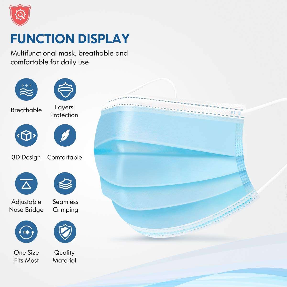 HDFK Face Mask Disposable Adults 3Ply Non-Woven with Nose Clip Ear Loop Blue 50Pack - Image 2