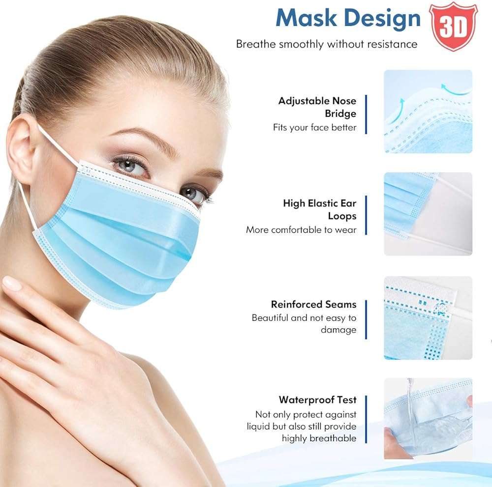 HDFK Face Mask Disposable Adults 3Ply Non-Woven with Nose Clip Ear Loop Blue 50Pack - Image 5