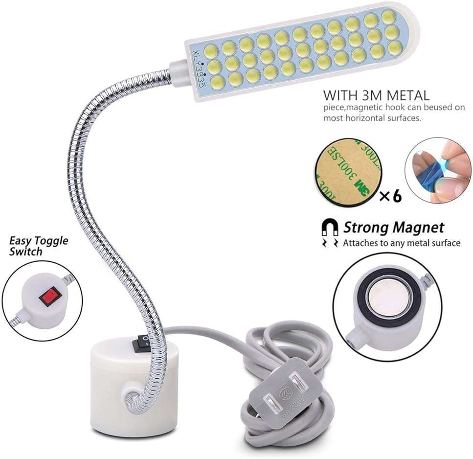 harmiey Sewing Machine Light Gooseneck Work Light with Magnetic Mounting Base, White Soft Light for Lathes, Drill Presses, Workbenches (3PACK) - Image 5
