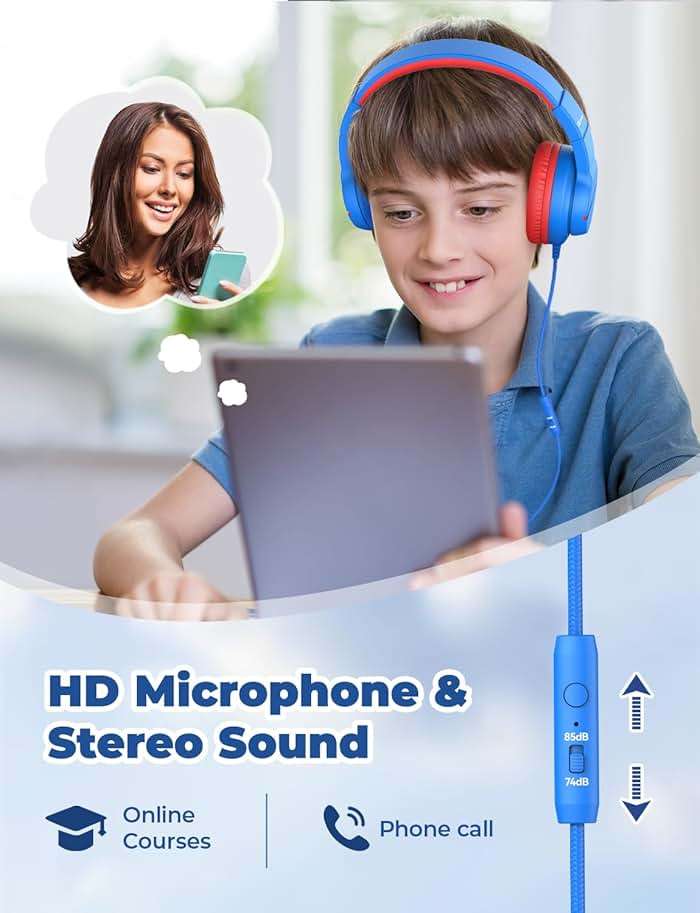 iClever Kids Headphones for School Travel, Safe Volume Limited, HD Mic Stereo Sound Over-Ear Girls Boys Headphones for Kid, FunShare Foldable 3.5mm Wired for iPad Computer, HS19 - Image 4