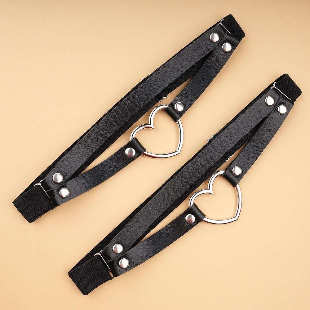 FM FM42 Multicolor PU Simulated Leather Women's Gothic Double Straps Heart O Ring Leg Thigh Elastic Garter Belt, One Pair - Image 5