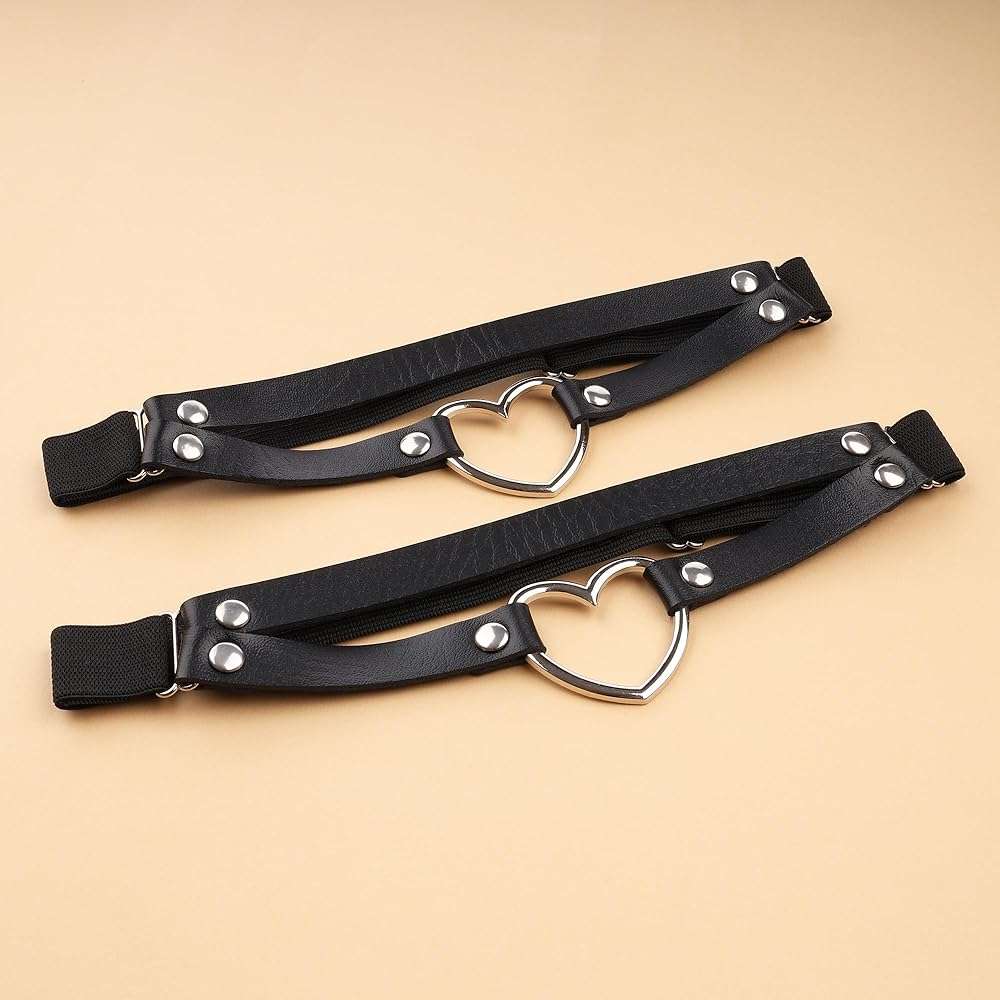 FM FM42 Multicolor PU Simulated Leather Women's Gothic Double Straps Heart O Ring Leg Thigh Elastic Garter Belt, One Pair - Image 6