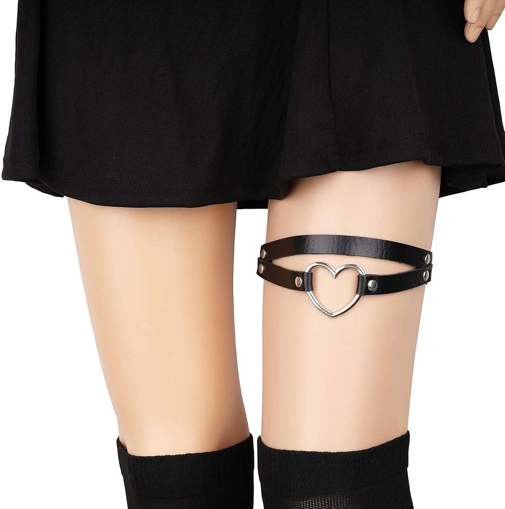 FM FM42 Multicolor PU Simulated Leather Women's Gothic Double Straps Heart O Ring Leg Thigh Elastic Garter Belt, One Pair - Image 7