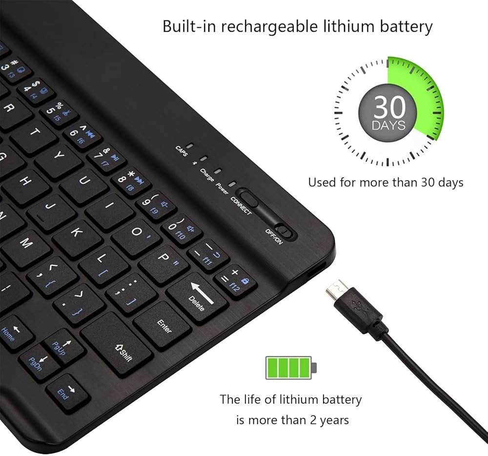 Ultra-Slim Bluetooth Keyboard Portable Mini Wireless Keyboard Rechargeable for Apple iPad iPhone Samsung Tablet Phone Smartphone iPadOS iOS Android (10 inch Black) - Image 5