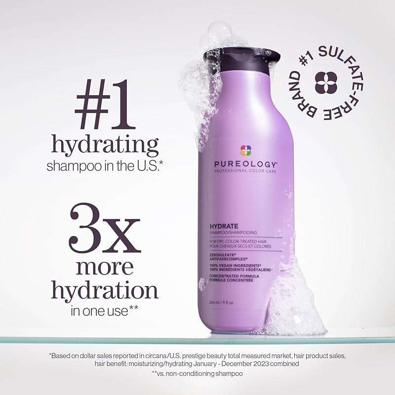Pureology Hydrate Shampoo - For Dry or Color Treated Hair, Moisturizing Shampoo For Hydration & Softness, With Rose Extract & Green Tea, Vegan & Sulfate-Free - Image 2