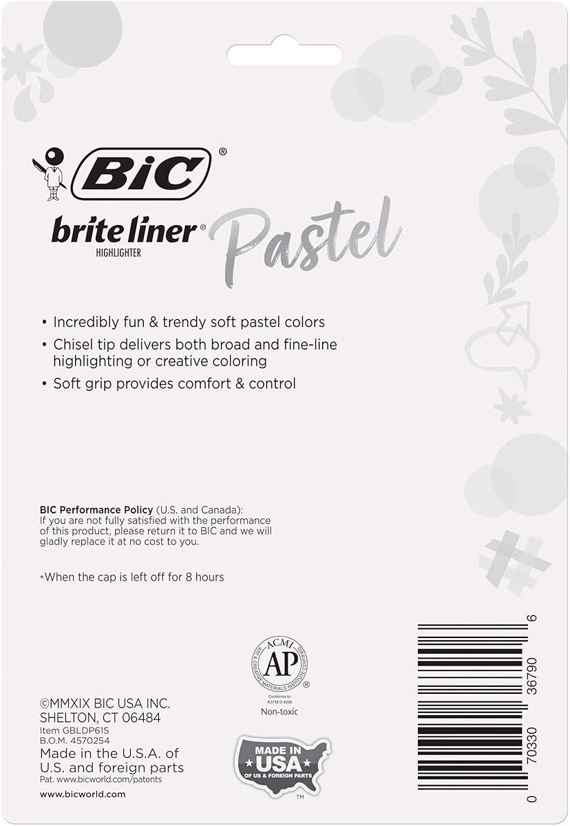 BIC Brite Liner Grip Pastel Highlighter Set, Chisel Tip, 6-Count Pack of Pastel Highlighters in Assorted Colors, Cute Highlighters for Bullet Journaling, Note Taking and More - Image 2