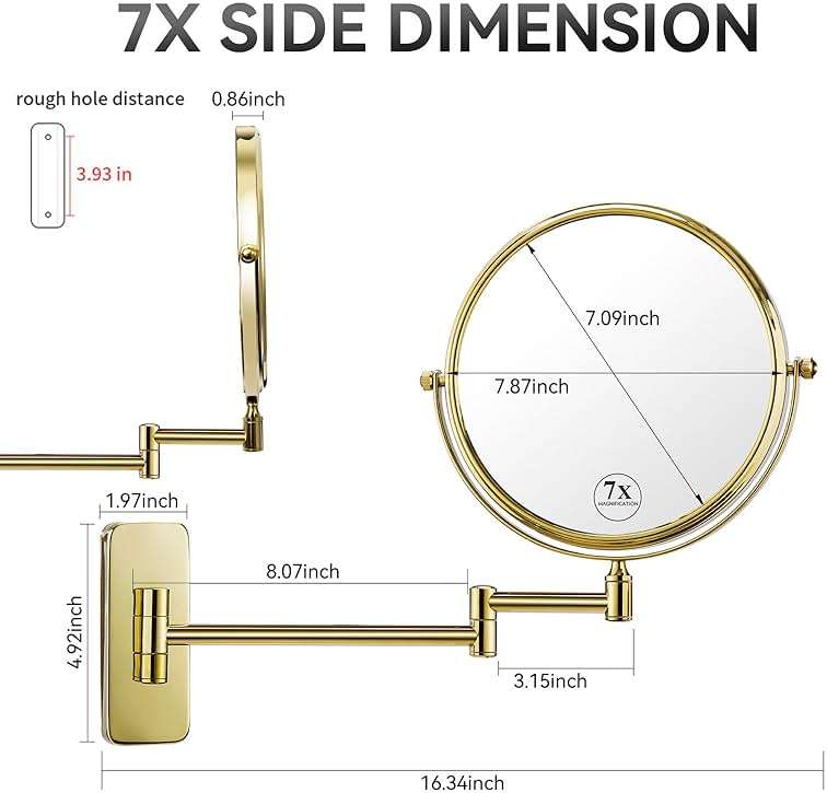 Nicesail Makeup Mirror, Wall Mounted 7X Magnifying Mirror Vanity Mirror for Bathroom, Extendable Swivel, Brass and 304 Stainless Steel Material for Hotel or Home, Shiny Gold Finish (8 Inch, 7X) - Image 2