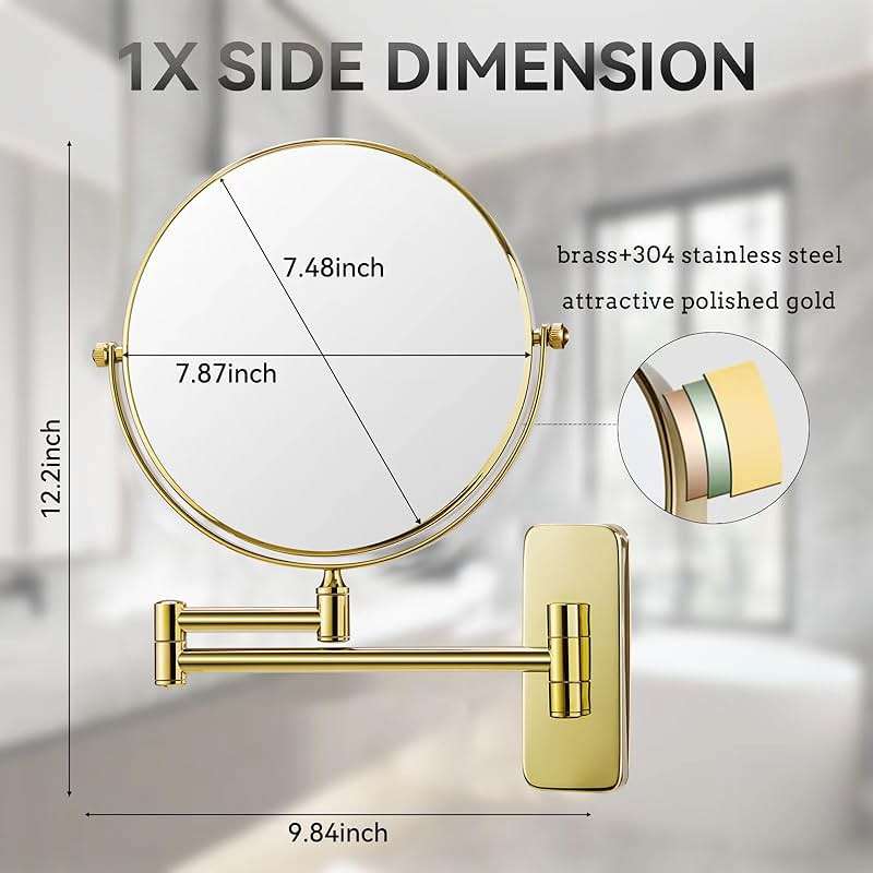 Nicesail Makeup Mirror, Wall Mounted 7X Magnifying Mirror Vanity Mirror for Bathroom, Extendable Swivel, Brass and 304 Stainless Steel Material for Hotel or Home, Shiny Gold Finish (8 Inch, 7X) - Image 4