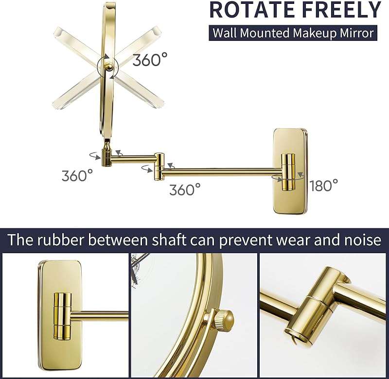 Nicesail Makeup Mirror, Wall Mounted 7X Magnifying Mirror Vanity Mirror for Bathroom, Extendable Swivel, Brass and 304 Stainless Steel Material for Hotel or Home, Shiny Gold Finish (8 Inch, 7X) - Image 7