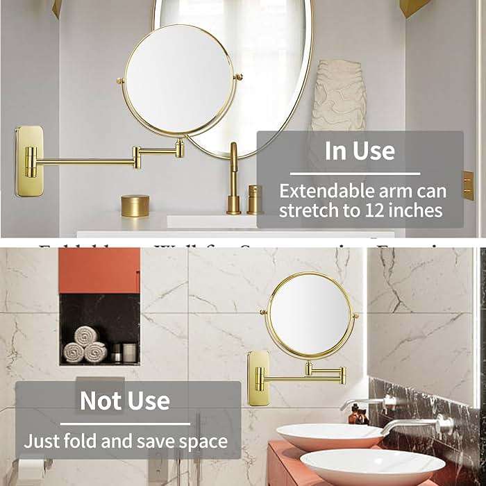 Nicesail Makeup Mirror, Wall Mounted 7X Magnifying Mirror Vanity Mirror for Bathroom, Extendable Swivel, Brass and 304 Stainless Steel Material for Hotel or Home, Shiny Gold Finish (8 Inch, 7X) - Image 8
