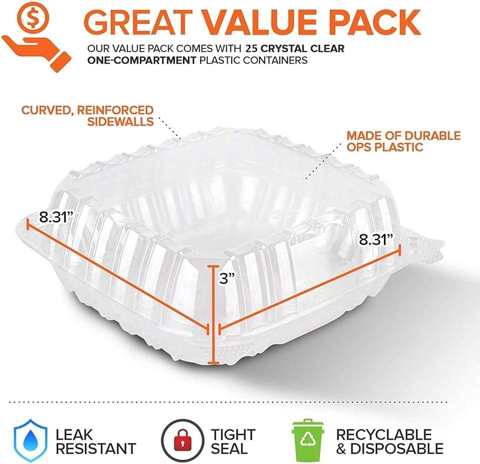 Stock Your Home Plastic 8 x 8 Inch Clamshell Takeout Tray (25 Count) – Disposable Hinged Containers for Dessert, Salads, Pasta, Sandwiches & More - Image 3