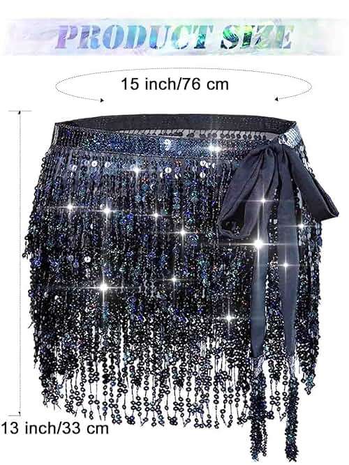 TWINKLEDE Mardi Gras Skirt Sequin Fringe Belly Dance Hip Scarf Skirts Rave Party Outfits for Women - Image 5