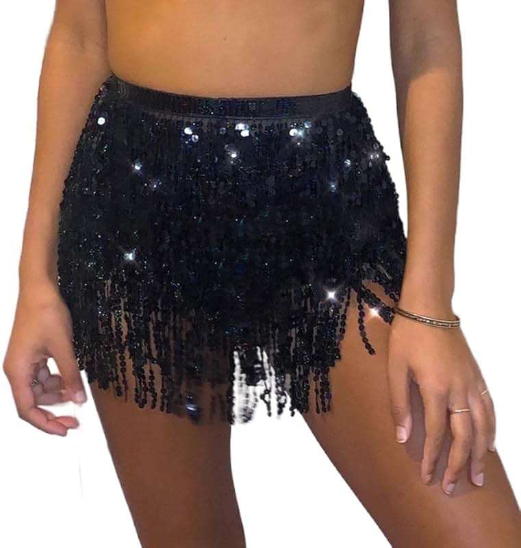 TWINKLEDE Mardi Gras Skirt Sequin Fringe Belly Dance Hip Scarf Skirts Rave Party Outfits for Women - Image 8
