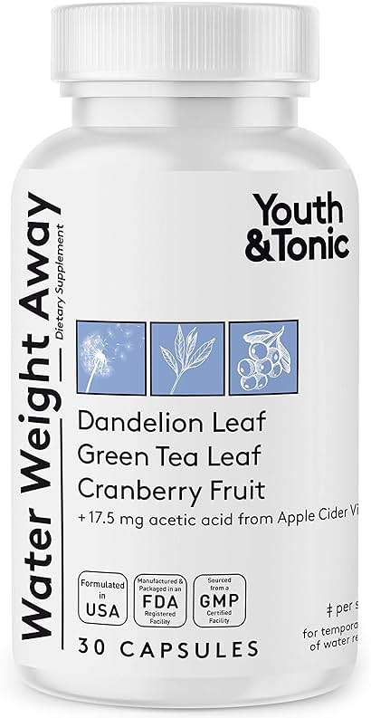 Youth & Tonic Water Pills for Fluid Retention – Water Weight Away Natural Diuretic for Bloat Relief & Fluid Balance, Support for Swollen Legs & Feet with Potassium & Vitamin B6 – 30 Pills - Image 1