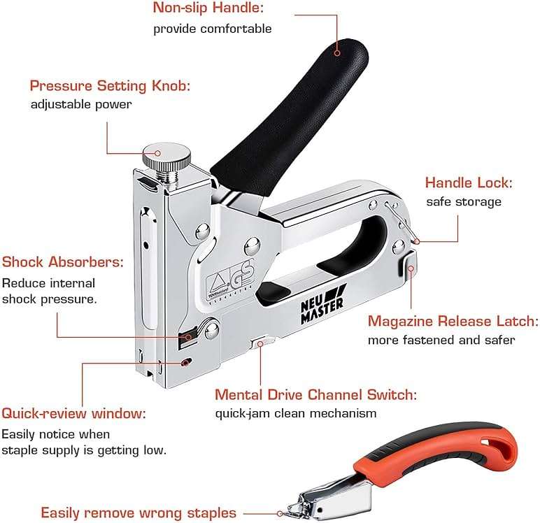 NEU MASTER 3 in 1 Staple Gun, Manual Upholstery Stapler Gun for Wood with 2000 Staples & Staple Remover, Adjustable Power Design for Furniture, Carpentry, DIY, Decoration & Home Repair - Image 3