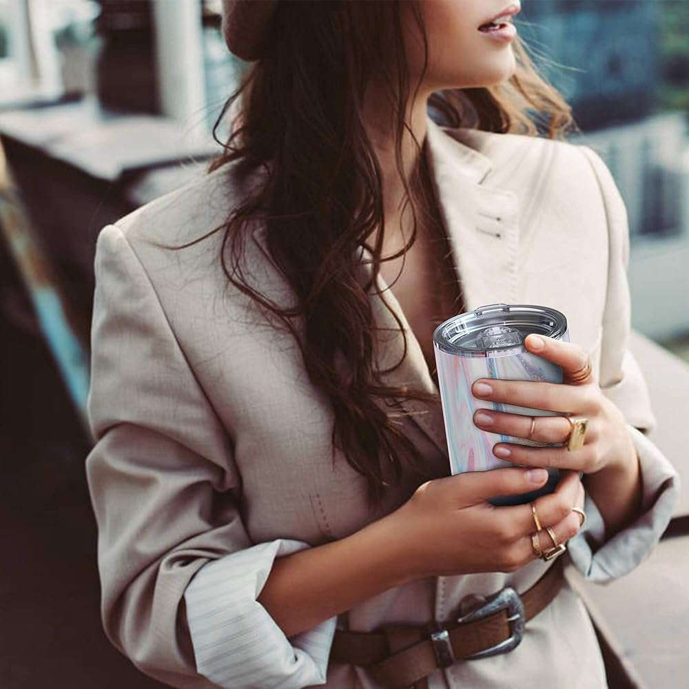 THILY Stainless Steel Insulated Coffee Mug 12 oz Vacuum Insulated Coffee Cup with Handle, Spill-Proof Lid, Keep Coffee Cold, Pink Ripple - Image 2