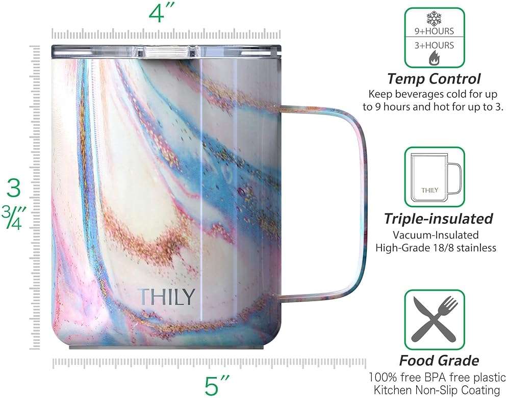 THILY Stainless Steel Insulated Coffee Mug 12 oz Vacuum Insulated Coffee Cup with Handle, Spill-Proof Lid, Keep Coffee Cold, Pink Ripple - Image 3