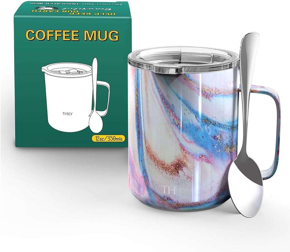 THILY Stainless Steel Insulated Coffee Mug 12 oz Vacuum Insulated Coffee Cup with Handle, Spill-Proof Lid, Keep Coffee Cold, Pink Ripple - Image 6