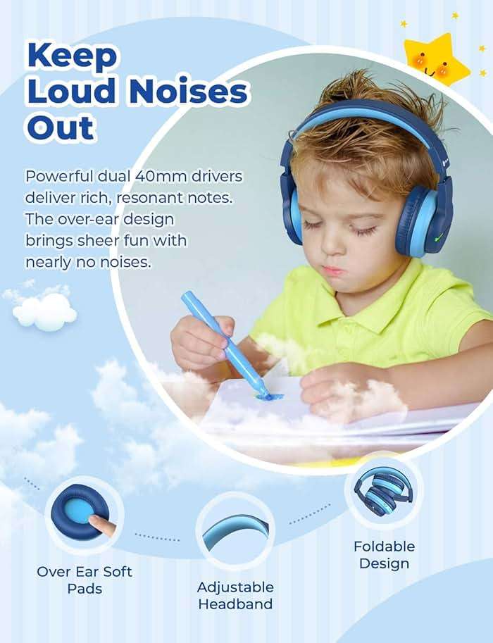 iClever BTH12 Kids Bluetooth Headphones,Colorful LED Lights Kids Headphones Wireless,74/85dBA Safe Volume,85H Playtime,Fast Charging,Bluetooth 5.2,Over Ear,Built-in Mic for iPad/Tablet/Airplane,Blue - Image 6