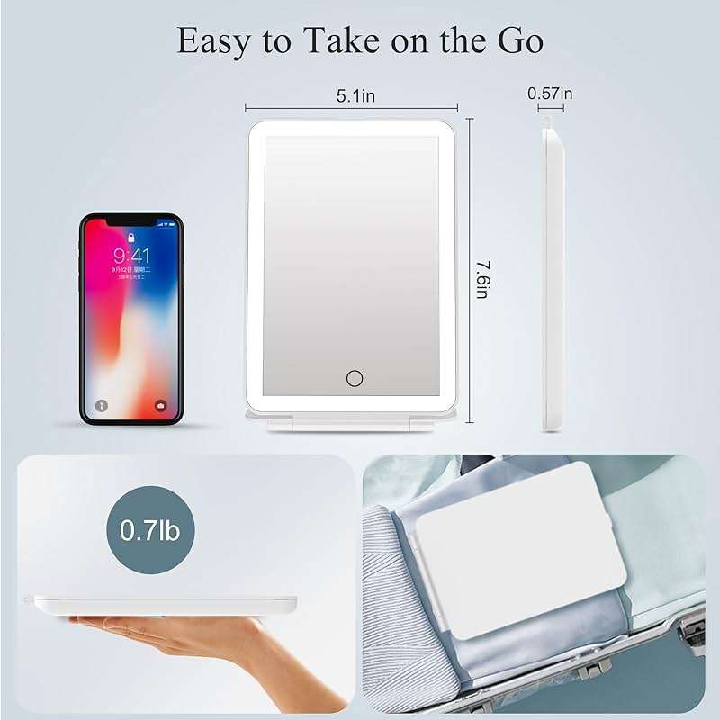 FUNTOUCH Rechargeable Travel Makeup Mirror with 72 Led Lights, Portable Lighted Beauty Mirror, 3 Color Lighting, Dimmable Touch Screen, Tabletop LED Folding Cosmetic Vanity Mirror - Image 5