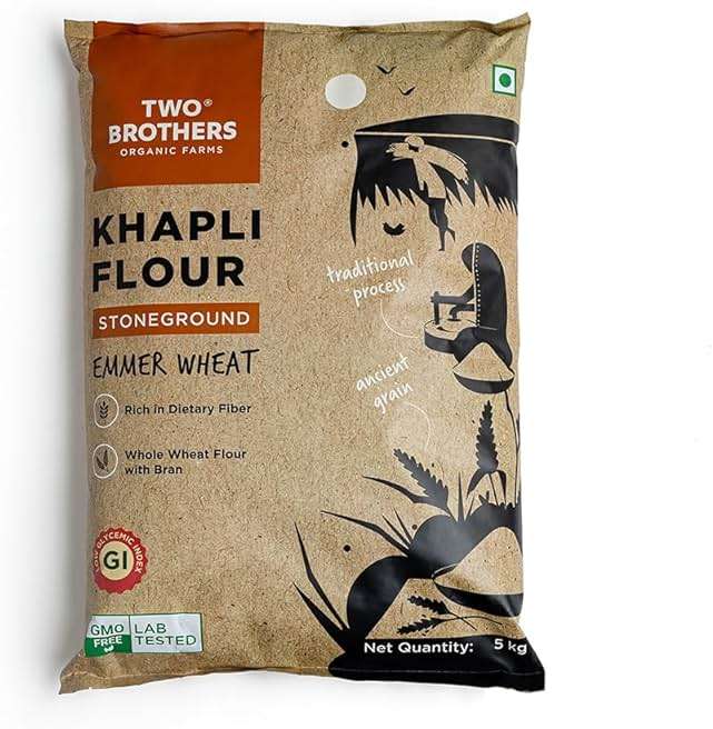 Two Brothers Organic Farms - Khapli Wheat Flour (5kg) | Low-Gluten Wheat Flour | High Dietary Fiber for Easy Digestion | Stoneground Emmer | Khapli Atta | Organic Atta (Pack of 1 kg x 5) - Image 1