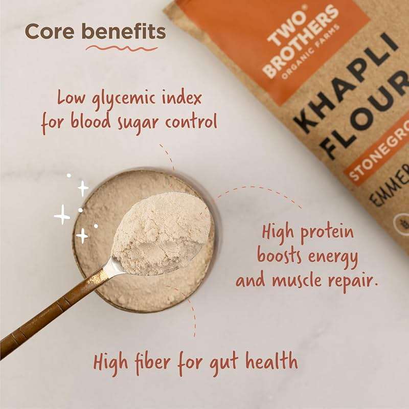 Two Brothers Organic Farms - Khapli Wheat Flour (5kg) | Low-Gluten Wheat Flour | High Dietary Fiber for Easy Digestion | Stoneground Emmer | Khapli Atta | Organic Atta (Pack of 1 kg x 5) - Image 4