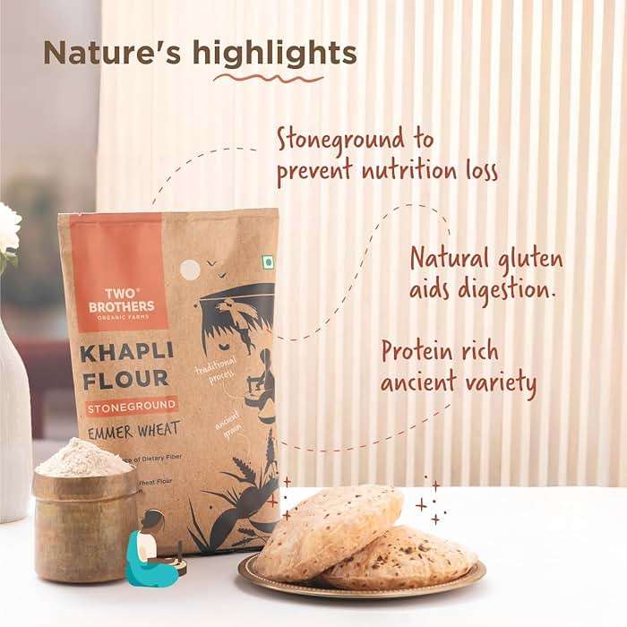 Two Brothers Organic Farms - Khapli Wheat Flour (5kg) | Low-Gluten Wheat Flour | High Dietary Fiber for Easy Digestion | Stoneground Emmer | Khapli Atta | Organic Atta (Pack of 1 kg x 5) - Image 9
