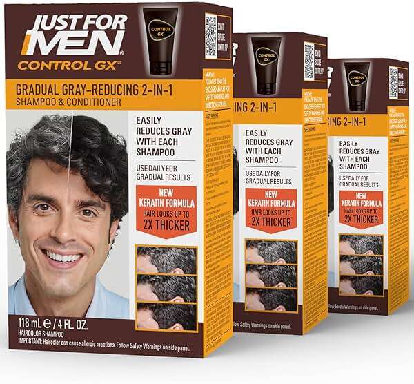 Just for Men Control GX Grey Reducing 2-in-1 Shampoo and Conditioner, Gradual Color with Keratin for Stronger Thicker and Healthier Looking, 4 Fl Oz - Pack of 3 - Image 1