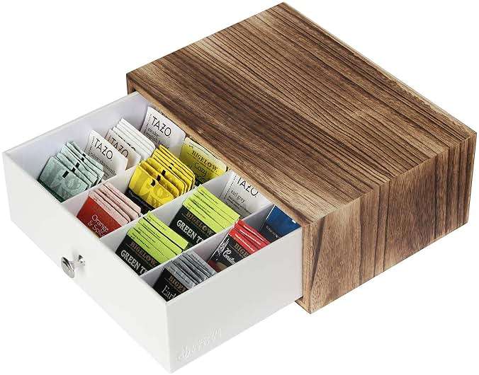 JACKCUBE DESIGN Rustic Wood Tea Storage Box Tea Bag Organizer Stand Holder Drawer / 12 Adjustable Compartments and White Faux Leather Drawer/Acrylic Divider - :MK447C - Image 1
