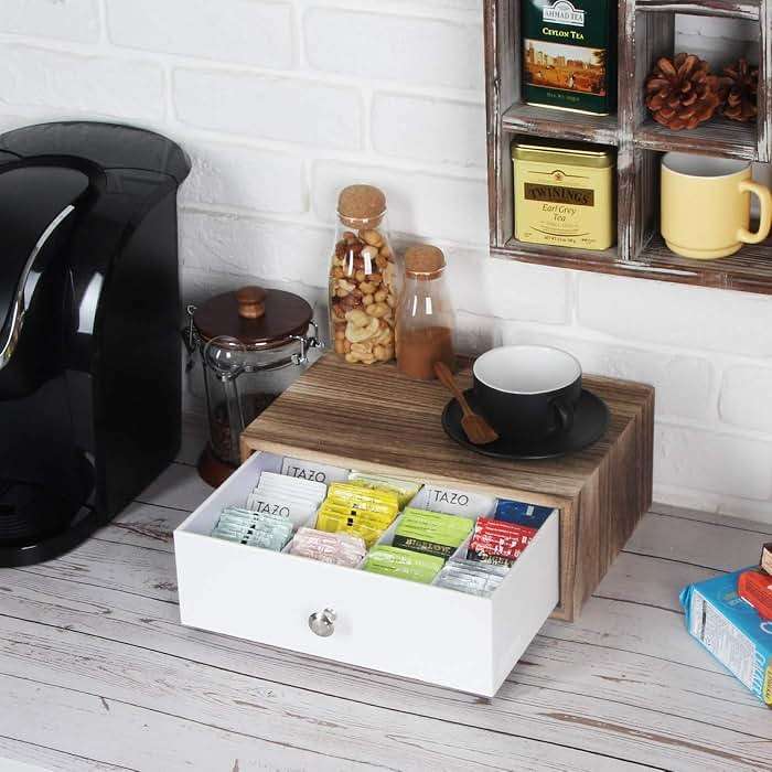 JACKCUBE DESIGN Rustic Wood Tea Storage Box Tea Bag Organizer Stand Holder Drawer / 12 Adjustable Compartments and White Faux Leather Drawer/Acrylic Divider - :MK447C - Image 2