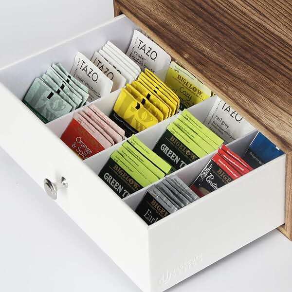 JACKCUBE DESIGN Rustic Wood Tea Storage Box Tea Bag Organizer Stand Holder Drawer / 12 Adjustable Compartments and White Faux Leather Drawer/Acrylic Divider - :MK447C - Image 4