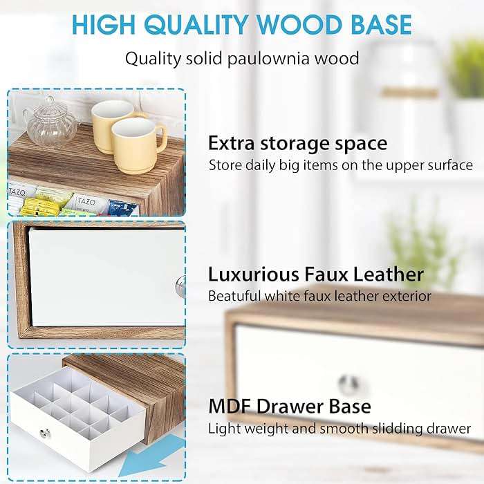 JACKCUBE DESIGN Rustic Wood Tea Storage Box Tea Bag Organizer Stand Holder Drawer / 12 Adjustable Compartments and White Faux Leather Drawer/Acrylic Divider - :MK447C - Image 5