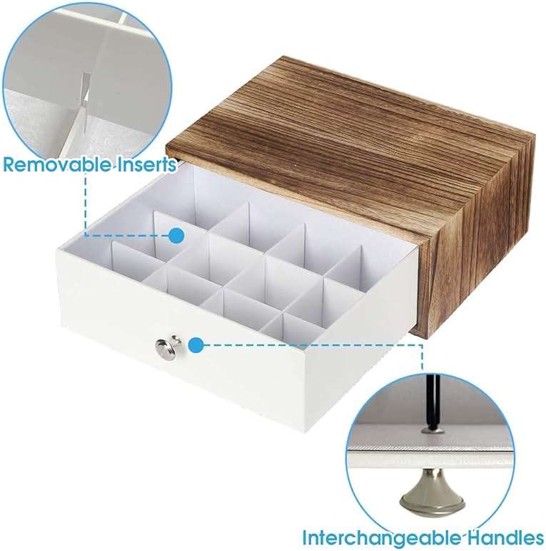 JACKCUBE DESIGN Rustic Wood Tea Storage Box Tea Bag Organizer Stand Holder Drawer / 12 Adjustable Compartments and White Faux Leather Drawer/Acrylic Divider - :MK447C - Image 6