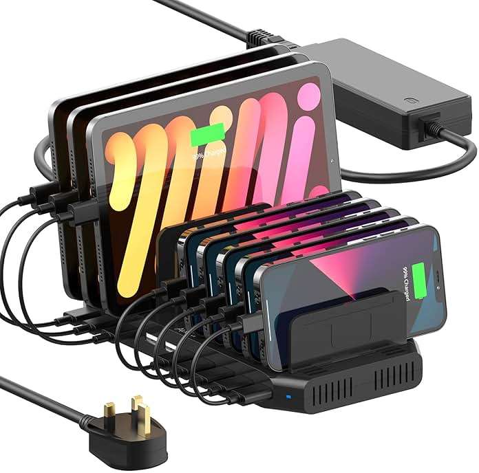 Alxum USB Fast Charging Station with Quick Charge 3.0, 10 Port Charging Stand for Multiple Devices, Compatible with iPad, iPhone, Samsung Galaxy, Black - Image 1