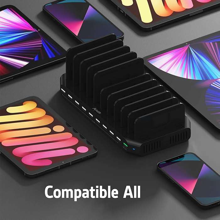 Alxum USB Fast Charging Station with Quick Charge 3.0, 10 Port Charging Stand for Multiple Devices, Compatible with iPad, iPhone, Samsung Galaxy, Black - Image 2