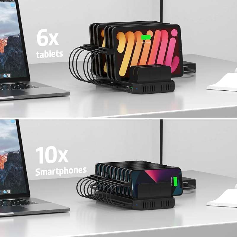 Alxum USB Fast Charging Station with Quick Charge 3.0, 10 Port Charging Stand for Multiple Devices, Compatible with iPad, iPhone, Samsung Galaxy, Black - Image 3