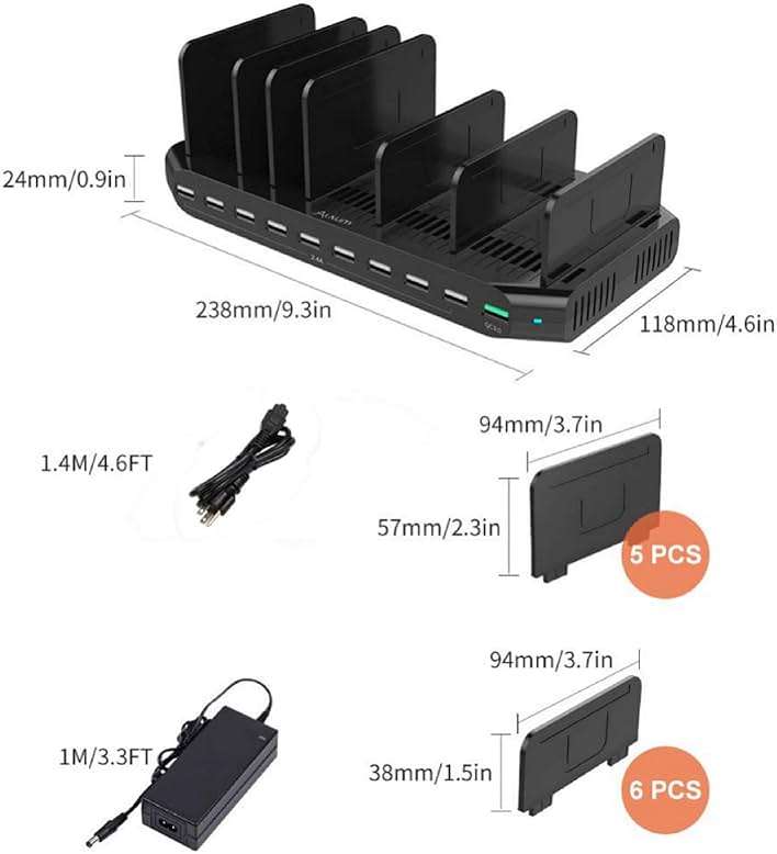 Alxum USB Fast Charging Station with Quick Charge 3.0, 10 Port Charging Stand for Multiple Devices, Compatible with iPad, iPhone, Samsung Galaxy, Black - Image 8