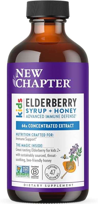 New Chapter Elderberry Kids Syrup, Advanced Immune Defense for Ages 2+, 64x Concentrated Elderberry, Sweetened with Throat-Soothing Grade A Honey, Non-GMO Project Verified, 4 Fl Ounce - Image 1