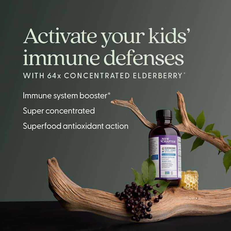 New Chapter Elderberry Kids Syrup, Advanced Immune Defense for Ages 2+, 64x Concentrated Elderberry, Sweetened with Throat-Soothing Grade A Honey, Non-GMO Project Verified, 4 Fl Ounce - Image 3