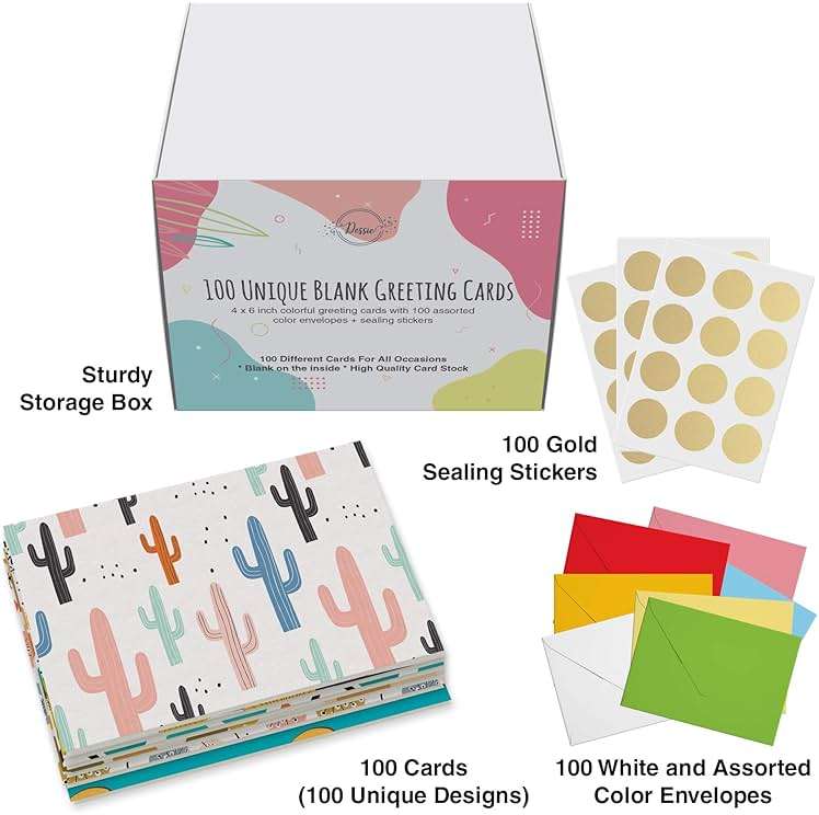 Dessie 100 Unique Blank Cards With Envelopes 4x6 - All Occasion Blank Greeting Cards w/Colored Envelopes & Gold Seals. No Repetition. Note Cards with Envelopes Set - Image 8