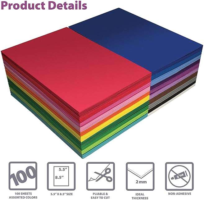 Better Office Products Foam Sheets, 100 Pack EVA Craft Foam, 5.5 x 8.5 Inch, 2mm Thick, 20 Assorted Colors, Durable Foam Sheets for Arts Crafts DIY Projects School Supplies - Image 3