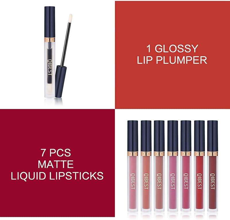 QiBest 7Pcs Matte Liquid Lipstick + 1Pcs Lip Plumper Makeup Set Kit, Pigmented Long Lasting Lip Gloss Set, Velvet Waterproof Halloween Lip Makeup Valentine's Day Gift Sets for Girls and Women - Image 2