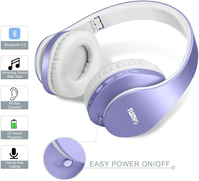 TUINYO Wireless Headphones Over Ear, Bluetooth Headphones with Microphone, Foldable Stereo Wireless Headsetfor Travel Work TV PC Cellphone-Purple - Image 4
