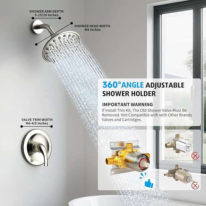 Brushed Nickel Shower Faucet Set, EMBATHER Shower Fixtures with 6 Inch Rainfall Shower Head, Single Handle Control Shower Valve and Trim Kit - Image 3