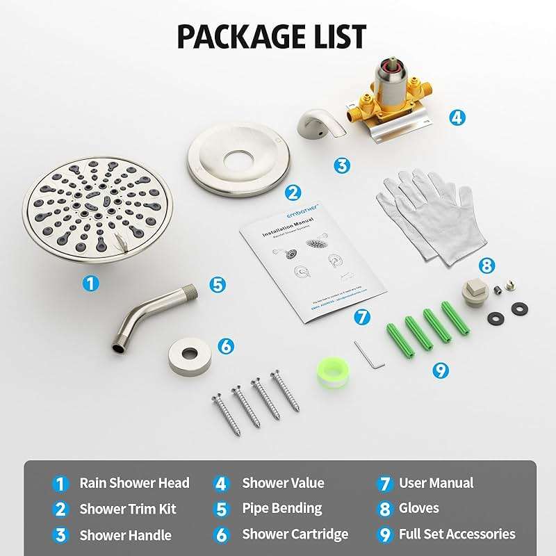 Brushed Nickel Shower Faucet Set, EMBATHER Shower Fixtures with 6 Inch Rainfall Shower Head, Single Handle Control Shower Valve and Trim Kit - Image 8