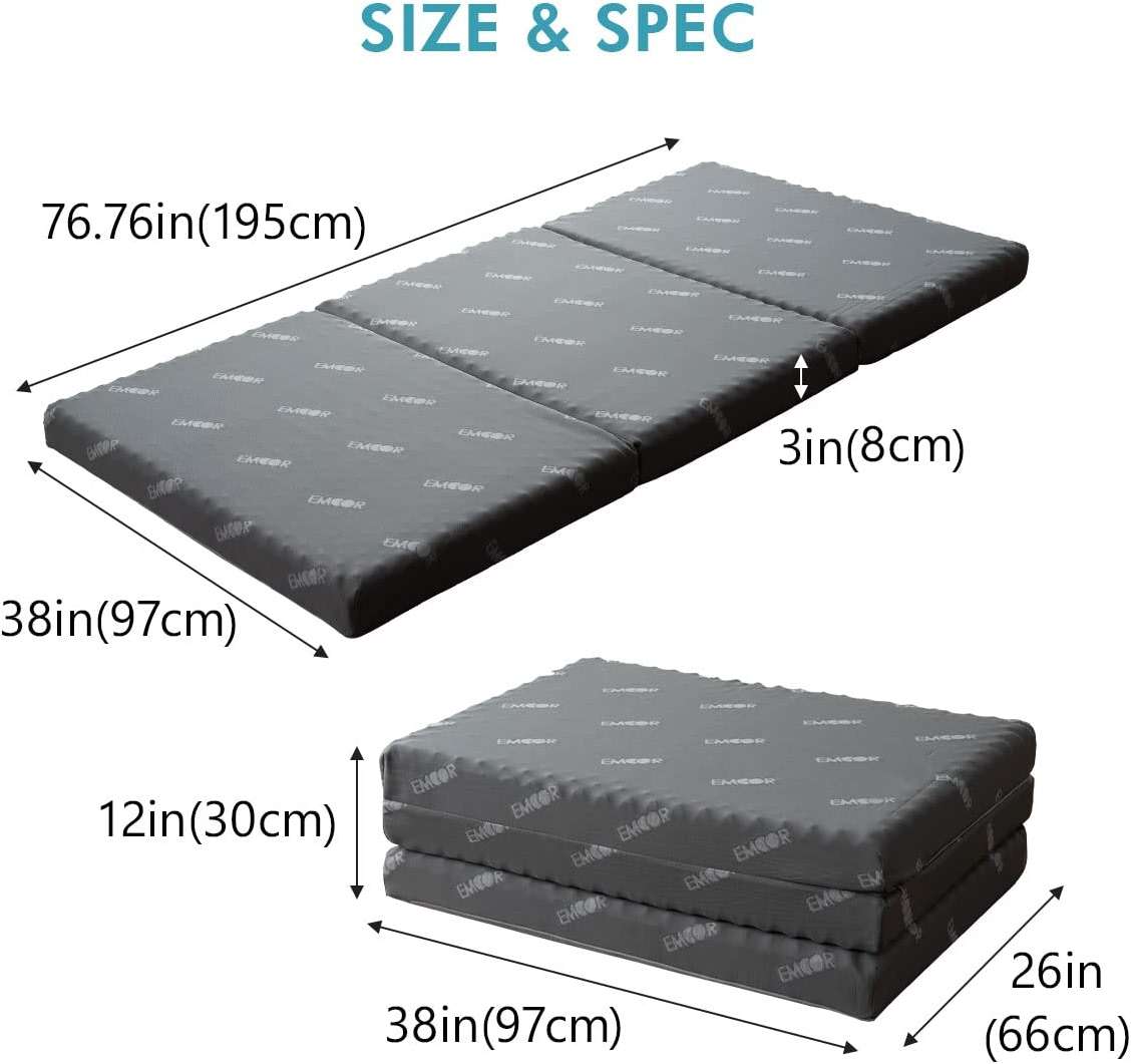 EMOOR Tri-Fold Mattress Start Twin (76.76x38x3in) 180N, High Resistance Egg Crate, Washable Cover, Gray, Minimalist, - Image 2
